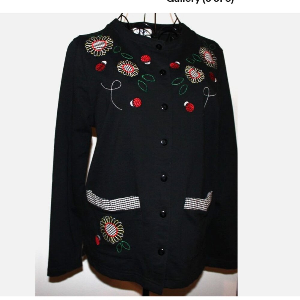 Ladybug & Floral Embroidery Black Sweater CK Designs Petite S 1990's Jacket